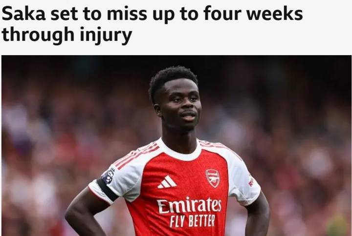 无缘对阵利物浦！BBC：萨卡腿筋受伤，预计将伤缺4周